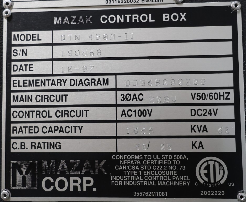 Mazak Quick Turn Nexus 450-II M-1000U, Machine ID:9220